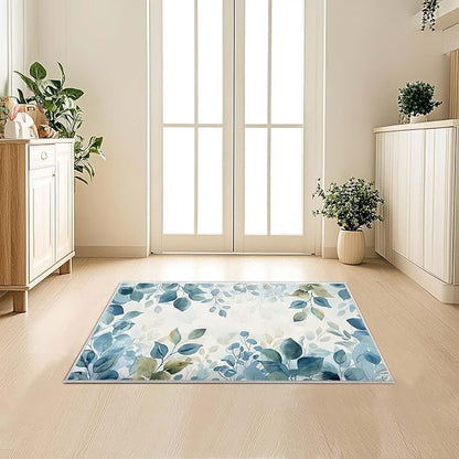 2x3 Botanical Leaf Entryway Area Rug Blue White Leaves Bathroom Rug Non Slip Machine Washable Low Pile Small Carpet Kitchen Bedroom Door Mat Entrance