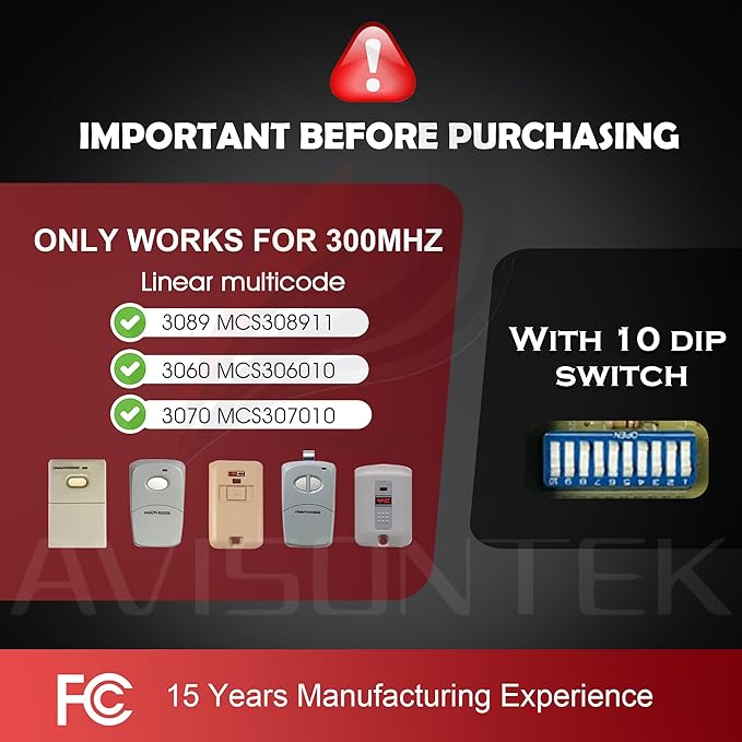 2 X Multi-Code 3089 3060 MultiCode 308911 Linear MCS308911, 10 Dip Switch Gate Opener Remote 300MHZ, Multi Code Garage Door Opener【10-Year-Warranty】