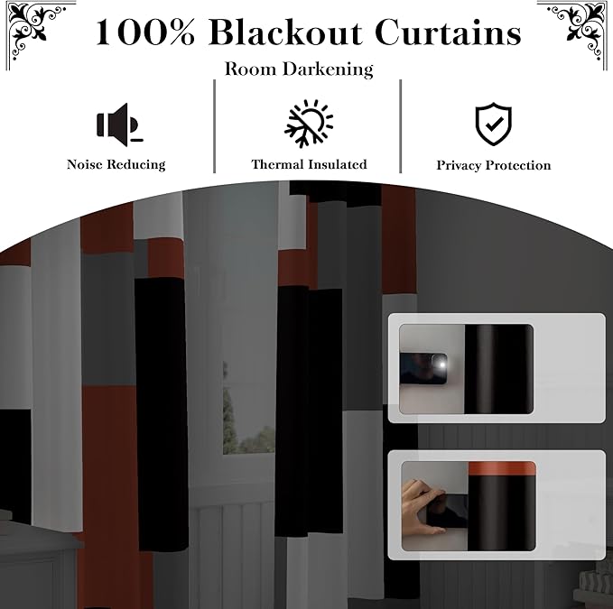 Burnt Orange 100% Blackout Curtains for Bedroom 72 inch Length 2 Panels Set Grey Modern Abstract Geometric Fall Black Out Curtains Insulated Room Darkening Window Drapes for Living Room, 42Wx72L