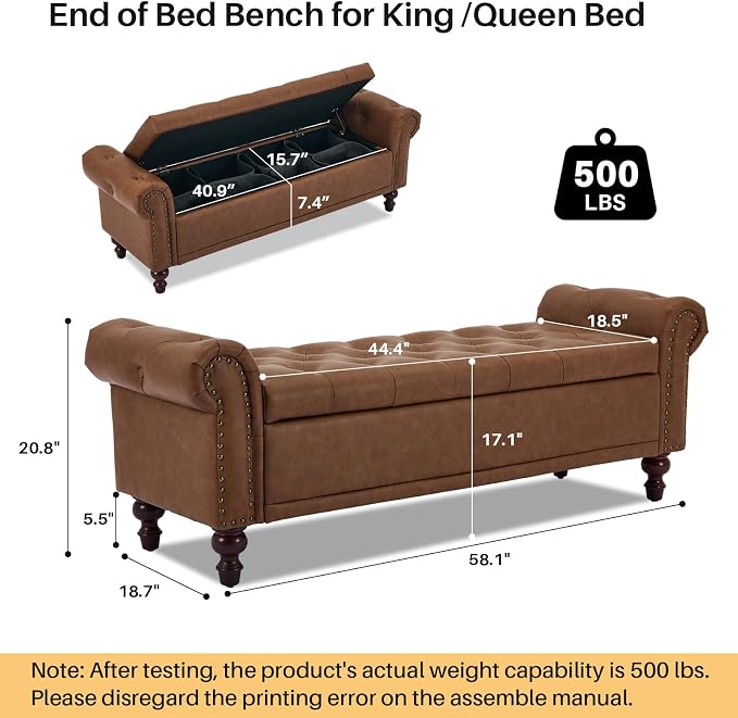 SOFTHION 58.1" Storage Bench for Bedroom, PU Leather Upholstered - Image 2