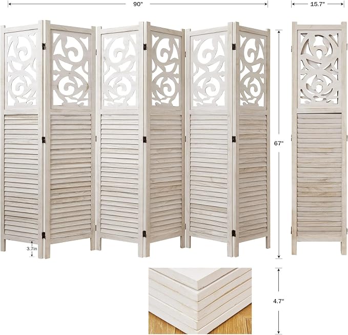 Svimi Folding Room Divider, 5.6Ft 6 Panels Wood Carved Privacy Screens - Image 5