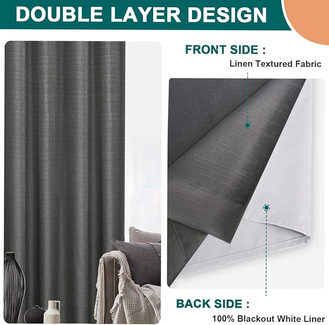 Diraysid 100% Blackout Curtains Dark Grey Linen Curtains - Image 6