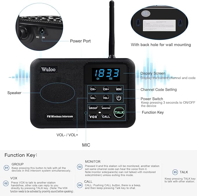 Wuloo Intercoms Wireless for Home 1 Mile Range 22 Channel 100 Digital Code Display Screen, Wireless Intercom System for Home House Business Office, Room to Room Intercom Communication(4Stations Black)