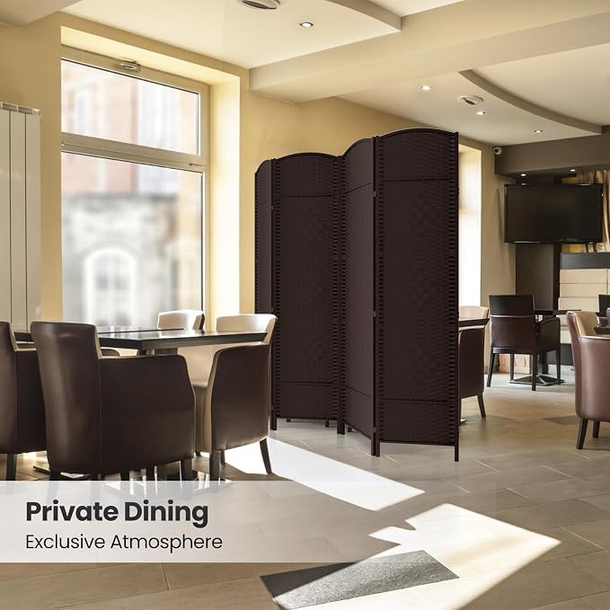 4 Panel Folding Room Divider, Woven Privacy Screen, Chocolate | Solid wood frame - Image 6