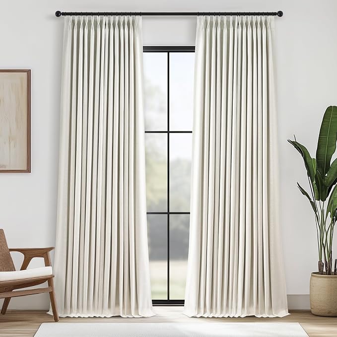 100 Inches Long 100% Blackout Natural Linen Curtains, Farmhouse Pinch Pleated by Topfinel