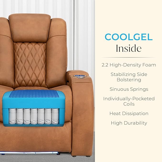 Seatcraft Diamante Zero-Gravity CoolZero Italian Leather Home Theater Seating, Power Headrest, Power Recline, Row of 5 Middle Sofa, Tawny