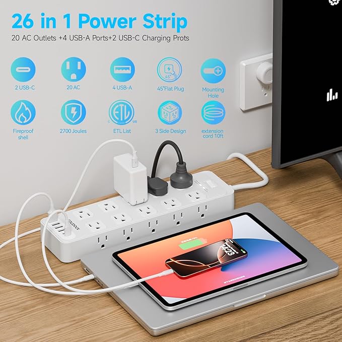 Solidock Power Strip Surge Protector Flat Plug with 20 AC Outlets 6 USB Chagring Ports, 1875W/15A, 2700J, 10 Ft Heavy Duty Extension Cord for Home, Office, Dorm, Gaming,ETL Listed (White, 10FT)