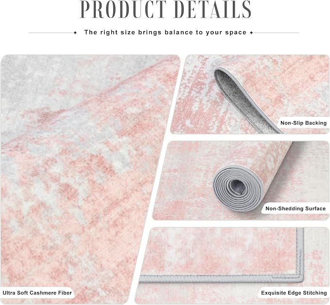 2x3 Washable Entryway Rug: Modern Abstract Soft Carpet Pink White | - Image 5