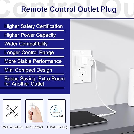 Greencycle Remote Control Outlet,Wireless Light Switch and 2 Outlet Plugs,Remote Outlets Switch,No Wiring Needed,500ft Range Coverage,15A/1500W for Lamps,Fans,TV,FCC Certified, White