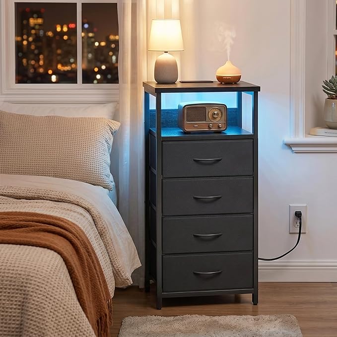 Fixwal Night Stand with Charging Station, 4 Drawers | fabric drawer, built-in - Image 2