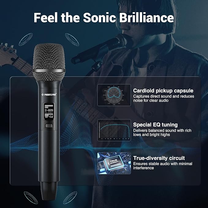 Phenyx Pro Dual-Channel Wireless Microphone System, Dynamic Mics w/ID Lock, Tunable Power Level, Auto Scan, Spectrum Analyzer, True Diversity Cordless Handheld for Singing, DJ, Karaoke (PTAU-2)