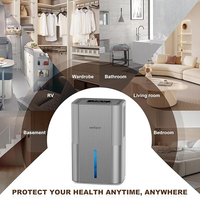 Aerbyon Dehumidifiers for Home 95 OZ Water Tank(1000 sq. ft) Dehumidifier for Bathroom with Auto Shut Off,7 Colors Light, Quiet Sleep Mode Dehumidifier for Bedroom, Basement, RV, Closet