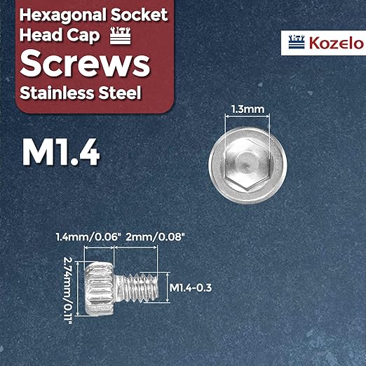 Kozelo 60pcs Socket Head Cap Screws - [M1.4-0.3 x 2mm] 304 Stainless Steel Allen Socket Drive for Electrical Motor 3D Printing Fan Engine Replacement Use, Silver