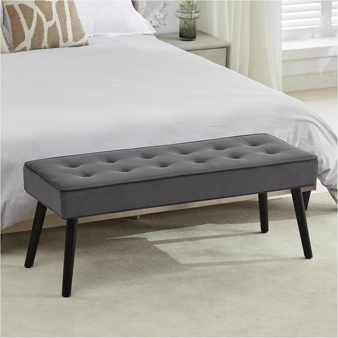 LOULENS Entryway Bench, Dark Grey | Wood Legs, Button Tufted, Upholstered Bench by LOULENS