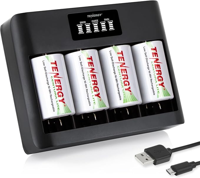 Tenergy 4 Pack Centura Lite D Size Batteries and TN486U 5-Bay Universal Battery Charger with LCD, Micro USB/Type C Input