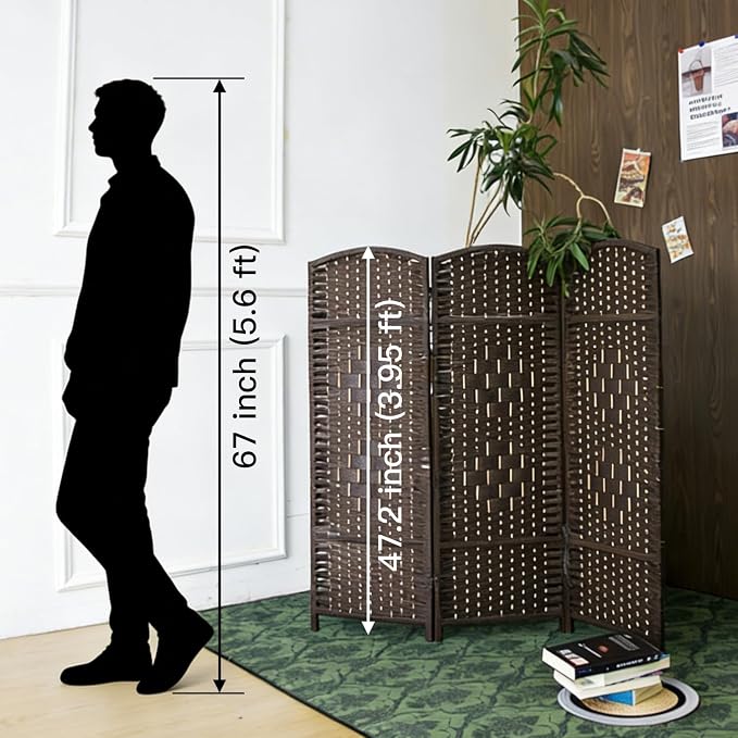 3 Panel Dark Brown Rattan Room Divider, 47.2" Low Height Double-Sided Folding - Image 2