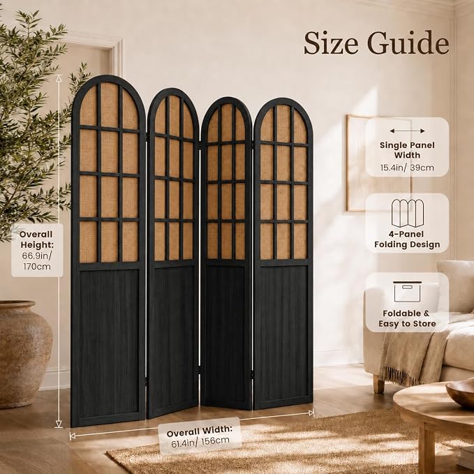 4 Panel Room Divider Privacy Screen Bamboo Wood Black | Folding Freestanding - Image 2
