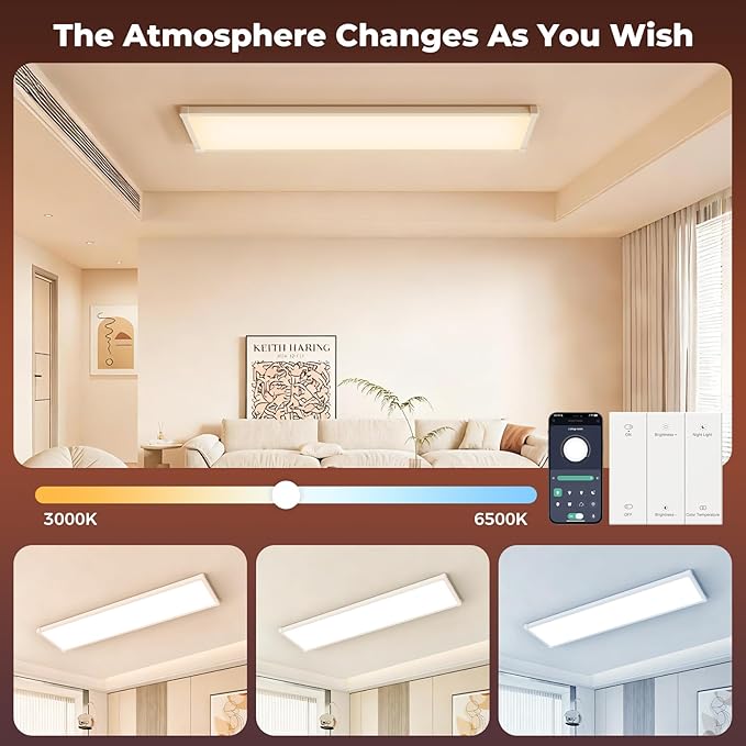 AIKVSXER 30 Pack 1x4 FT LED Flat Panel Light Surface Mount, with Wireless Switch & App Control, Night Mode, 50W 5500LM, 3000K/4000K/6500K, Ultra-Thin LED Light for Office Home,120-277V - White