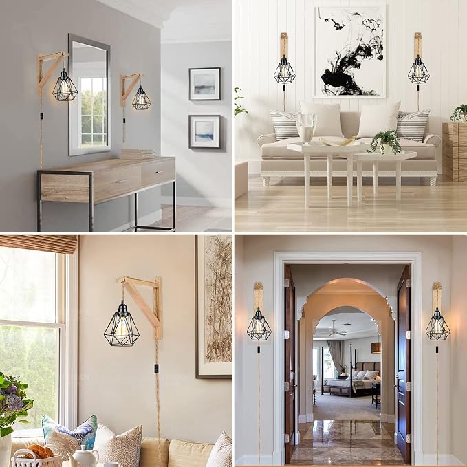 Frideko Plug in Wall Sconce Set of Two, Boho Farmhouse Hanging Wall Lamp - Image 6