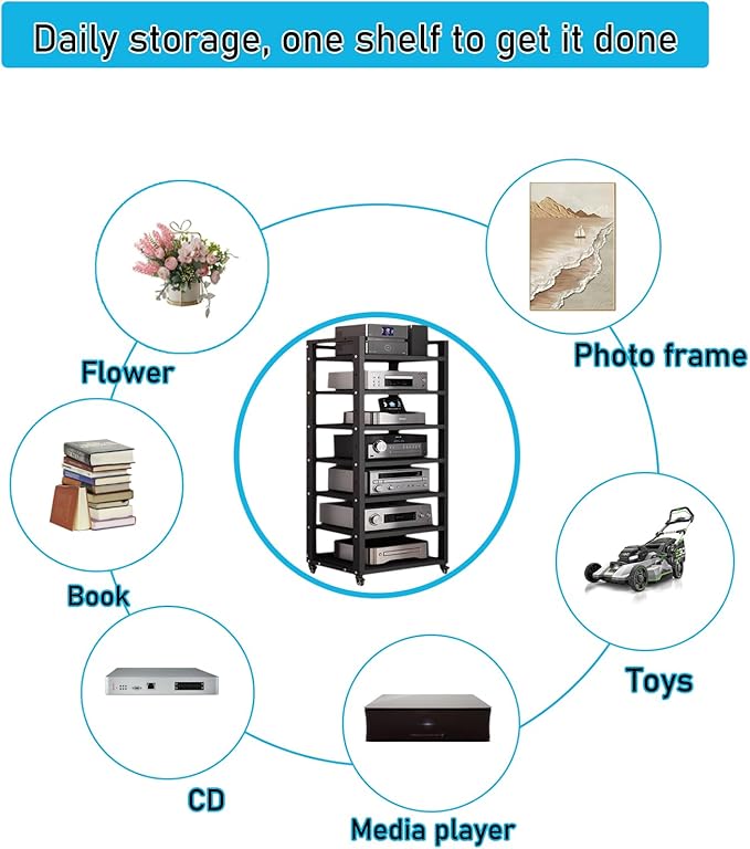 Dernoing 7 Tier Audio Rack Tower, CD Record Player Stereo Receiver AV Equipment Cabinet Display Rack, Weight Capacity 661 lbs, with Adjustable Wooden Shelves for Home (7 Tier Black)