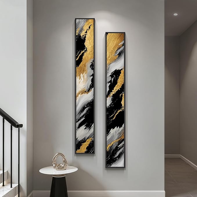 Framed Vertical Black and Gold Abstract Wall Art Set of 2, Modern Long Narrow by Cuspin
