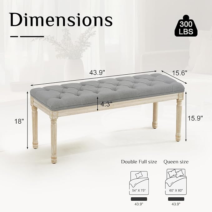 LOULENS 43.9" Linen End of Bed Bench, Vintage Bedroom Bench, Light Grey | French - Image 2