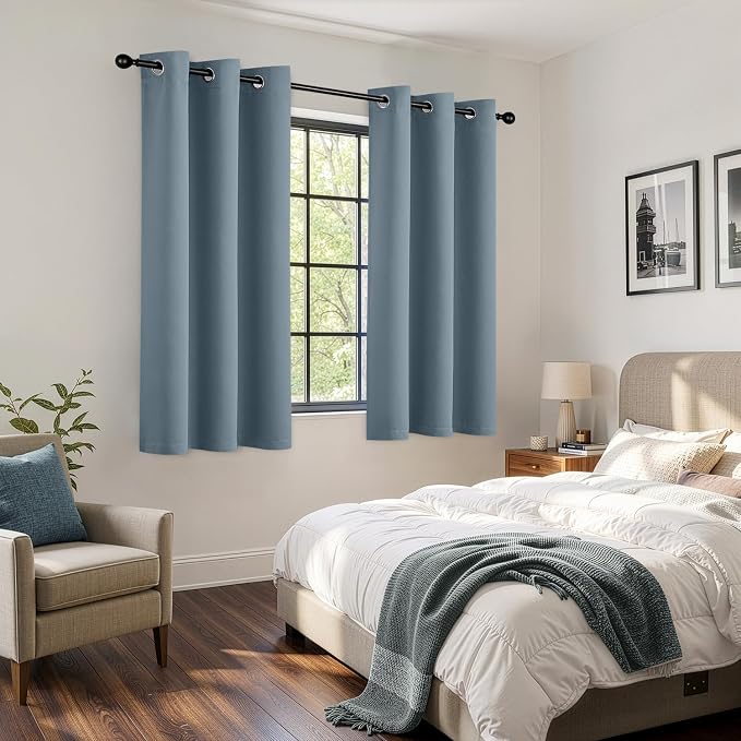 Short Stone Blue Blackout Kitchen Curtain W40 x L54 Inch 2 Panels | Thermal - Image 6