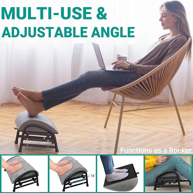 YEASHEIN Adjustable Foot Rest for Under Desk at Work, Velvet Under Desk Footrest with Metal Frame, Padded Foot Stools for Under Office Desk, Ergonomic Leg Rest for Desk Chair, Car, Computer - Gray