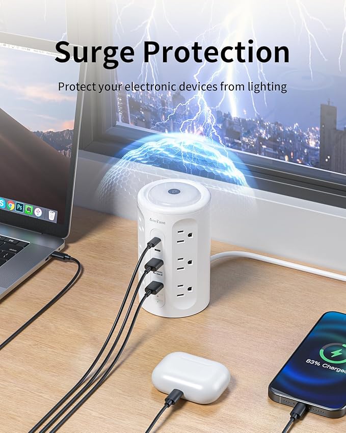AnnTane Power Strip Tower with Night Light, 15W Surge Protector Power Strip with USB Ports, 10 FT Extension Cord with Multiple Outlets (12AC+3A+2C) for Home Office Desk DormRoom (White)