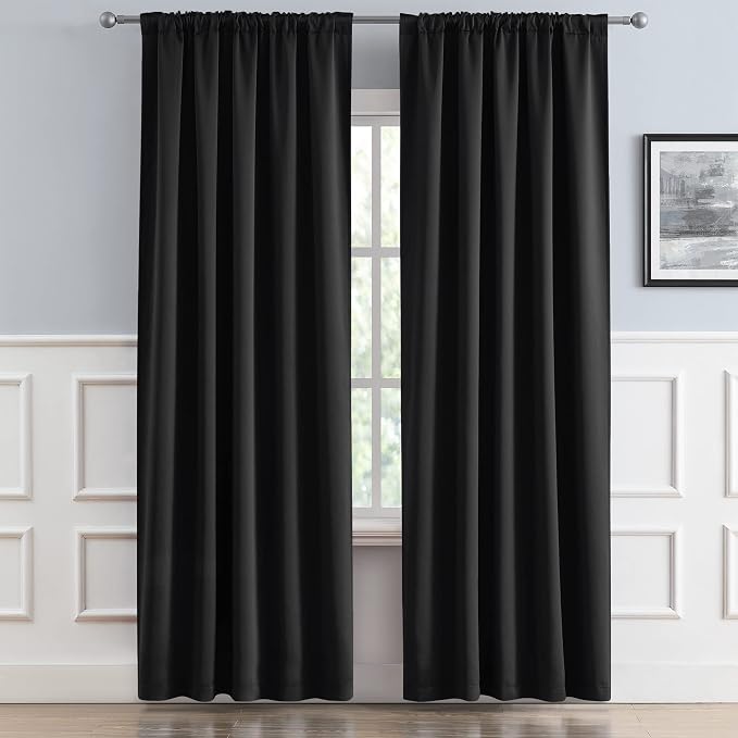 Black Blackout Curtains 84 Inch Long, 2 Panels 52W x 84L | Back Tab and Rod - Image 2