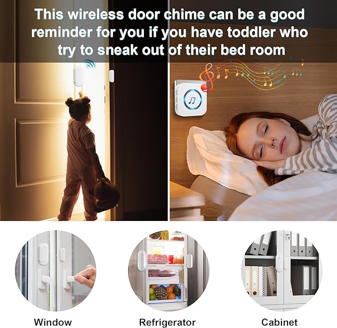 SanJie Door Chime, Door Open Contact Sensor Alarm for Business/Store/Home/Office When Entering, with 500 FT Range,26 Chimes 5 Adjustable Volume 2 Receivers +2 Sensors