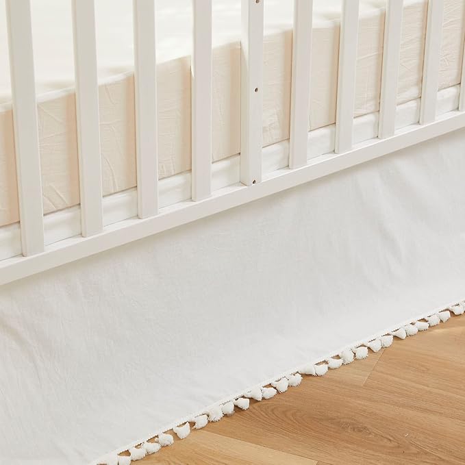 Brandream Boho Bohemian Girl Boy Baby Nursery Crib Bed Skirt Dust Ruffle - Neutral Solid Color Cream Off White Farmhouse Chic 100% Washed Cotton Minimalist Tassel Fringe Macrame