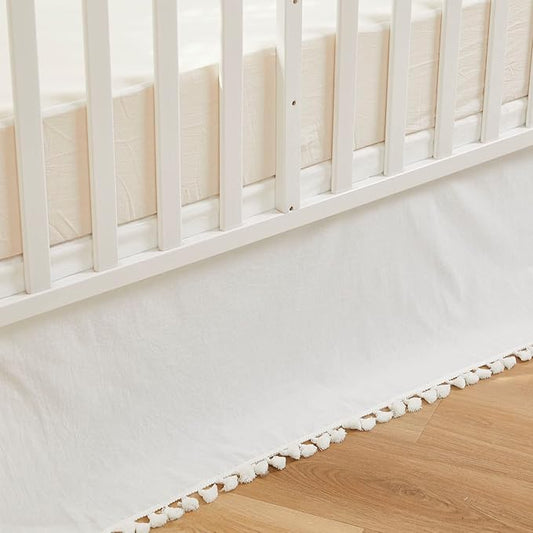 Brandream Boho Bohemian Girl Boy Baby Nursery Crib Bed Skirt Dust Ruffle - Neutral Solid Color Cream Off White Farmhouse Chic 100% Washed Cotton Minimalist Tassel Fringe Macrame