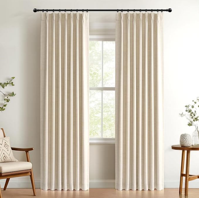 Pinch Pleated Full Blackout Faux Linen Curtains 90 Inches Long | Cream by 100BlackoutShield