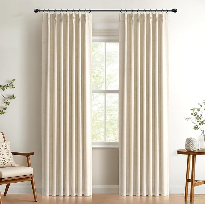 Pinch Pleated Full Blackout Faux Linen Curtains 96 inch 2 Panel Set | Cream by 100BlackoutShield