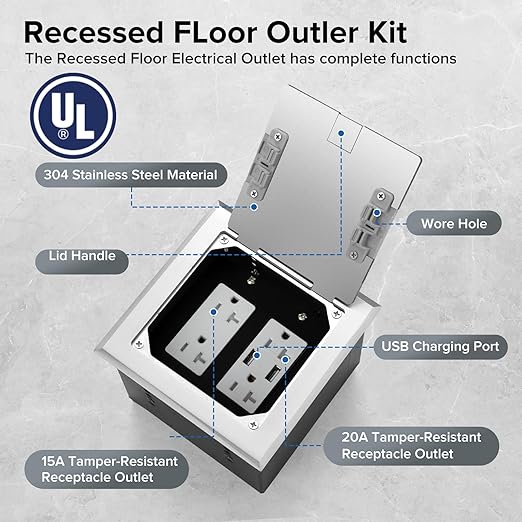 Vagueior Recessed Flat Hidden Floor Electrical Outlet Box Kit,Stainless Steel Cover with 4 * 20A Tamper-Resistant Receptacle Outlet and 5V/4.8A USB Port,UL Certified,Silver