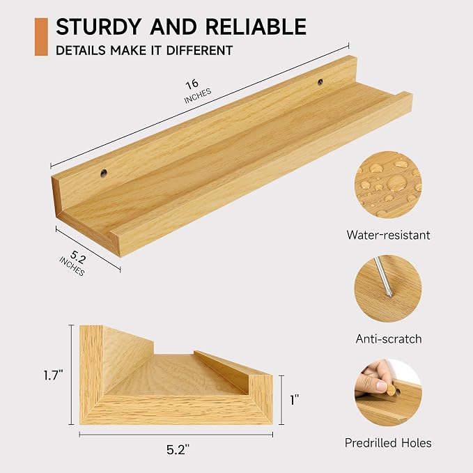Floating Picture Ledge Shelves Set of 2, 16 Inch Solid Wood Wall Shelves - Image 3