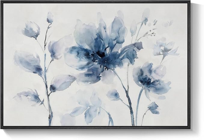 Framed Blue Floral Wall Art for Bedroom, Modern Botanical Canvas Painting Prints - Image 9