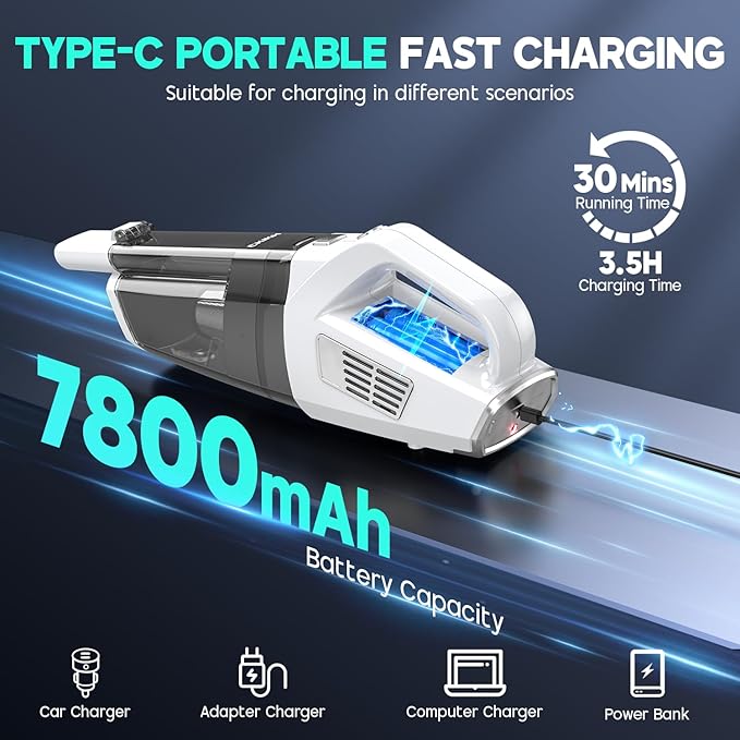 CKIKH Handheld Vacuum Cordless, 15000PA Strong Suction Hand Held Car Vacuum Cleaner Portable with Multi-Nozzles & Washable Filter, Lightweight Dust Busters Rechargeable for Home, Car, Office, Pets