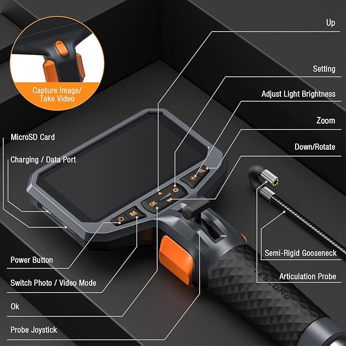 Teslong Two-Way Articulating Borescope with Light, Industrial Endoscope Inspection Camera with Articulated Probe, Flexible Mechanic Fiber Optic Snake Scope Cam for Wall Automotive Engine Inspect-5FT