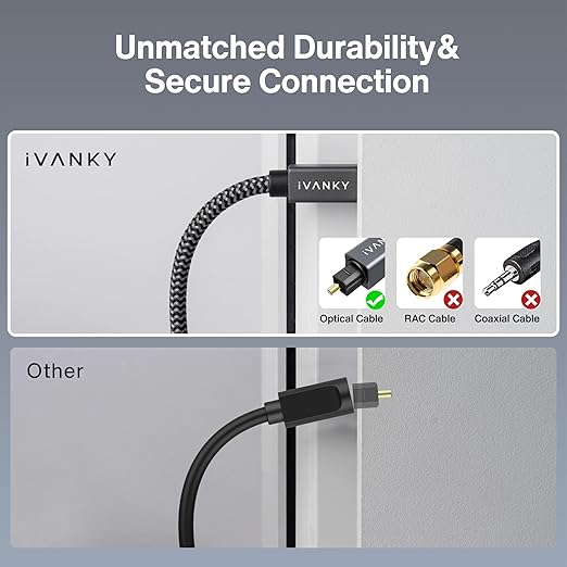 IVANKY Optical Audio Cable, 10ft Toslink Fiber Optic Cord, S/PDIF Digital Optical Audio Cable for Soundbar, Stereo Systems, Home Cinema, Xbox One/PS4/TV, Braided, Gold-Plated Connectors,3M,Grey