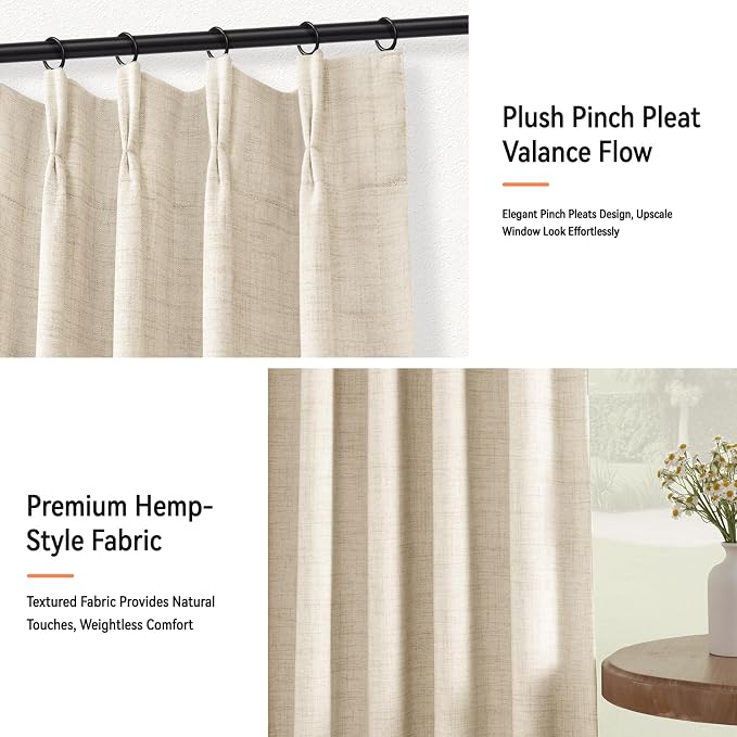 Pinch Pleated Full Blackout Faux Linen Curtains 102 Inches Long | Cream - Image 8