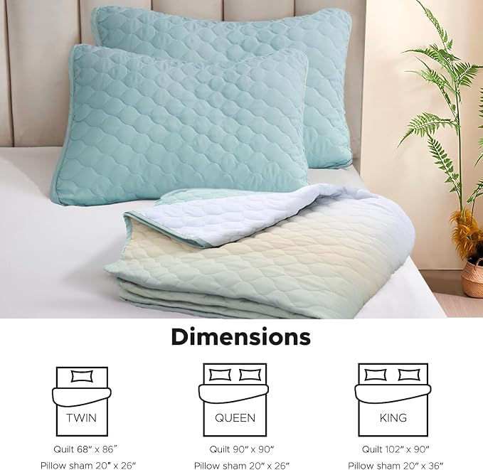 Quilt Set Full Queen Size 3 Piece, Gradient Green Pattern Printed Bedding - Image 7