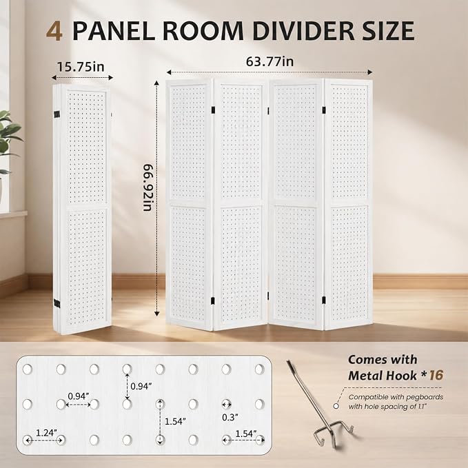 4 Panel Pegboard Room Divider, Folding Privacy Screen, Freestanding Wooden - Image 3