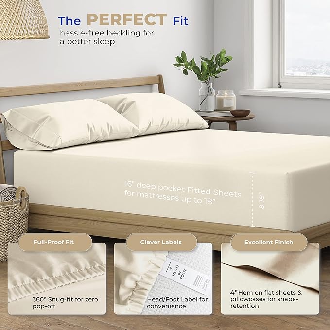 THREAD SPREAD 2-Pack Full Size Sheet Sets - 400 Thread Count 100% Cotton Sateen Weave - Extra Soft, Breathable, Hotel Quality Cooling Sheets, 2 Sets of Full Size Deep Pocket Bed Sheets (Ivory)