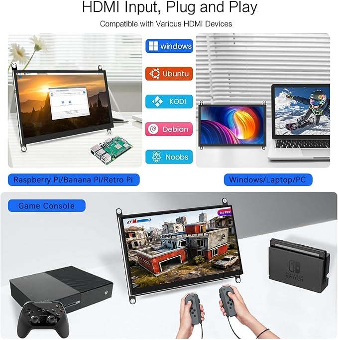 HAMTYSAN 7 Inch Raspberry Pi Screen Touchscreen Monitor 1024x600 Small HDMI Monitor w/Dual Speakers IPS Screen Display for Raspberry Pi 4/3/2 Win 11/10/8/7 Jetson Nano, Free Driver