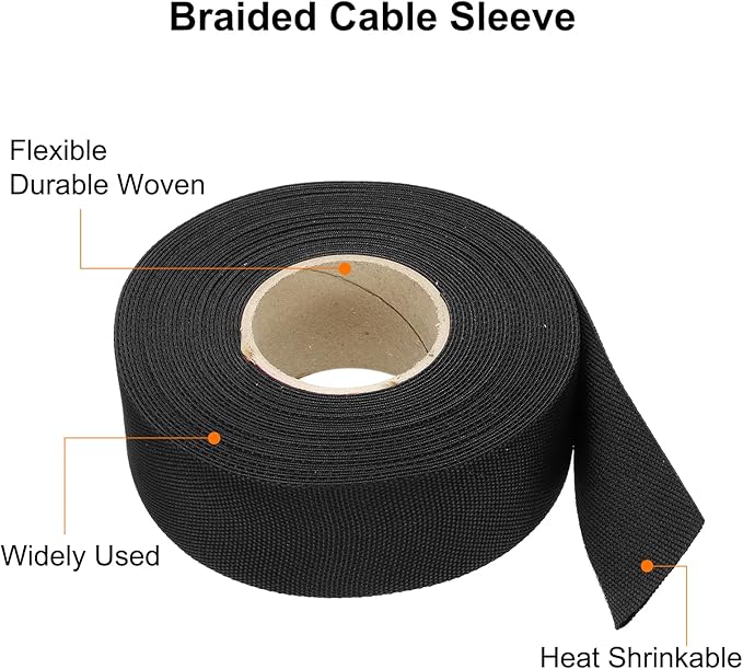 MECCANIXITY Braided Cable Sleeves Heat Shrinkable Fabric Sleeving, 1 1/4" 40ft Black 2:1 Ratio Heat Shrinkable Cord Protector for Harness Cable, Network Cable Protection, Cable Management