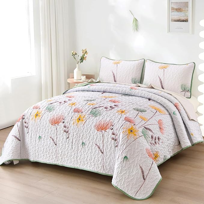 Dinjoy Sage Green Quilt Set Full Size, Floral Bedspread Bedding Set 3 Piece | - Image 7