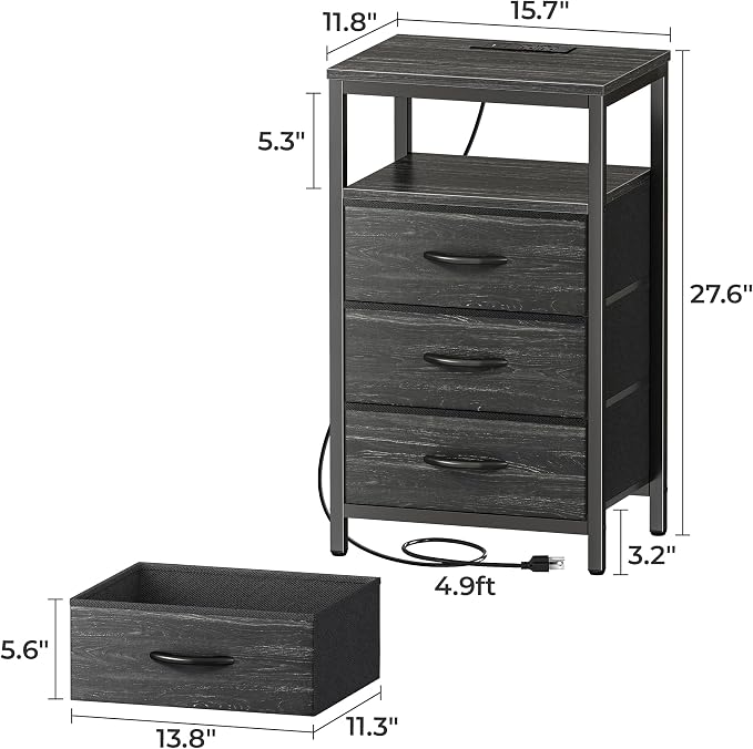 Huuger Nightstand with Charging Station, 27.6 Inch Bedside Table, Side Table | - Image 2