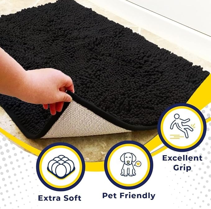 Muddy Mat® Shown on TV – Super Absorbent Door Mat Indoor, Microfiber Quick Dry Chenille Entryway Rug, Non-Slip Front Door Mat, Indoor Mats for Entryway, Machine Washable Pet Rug, Black 24"x36"